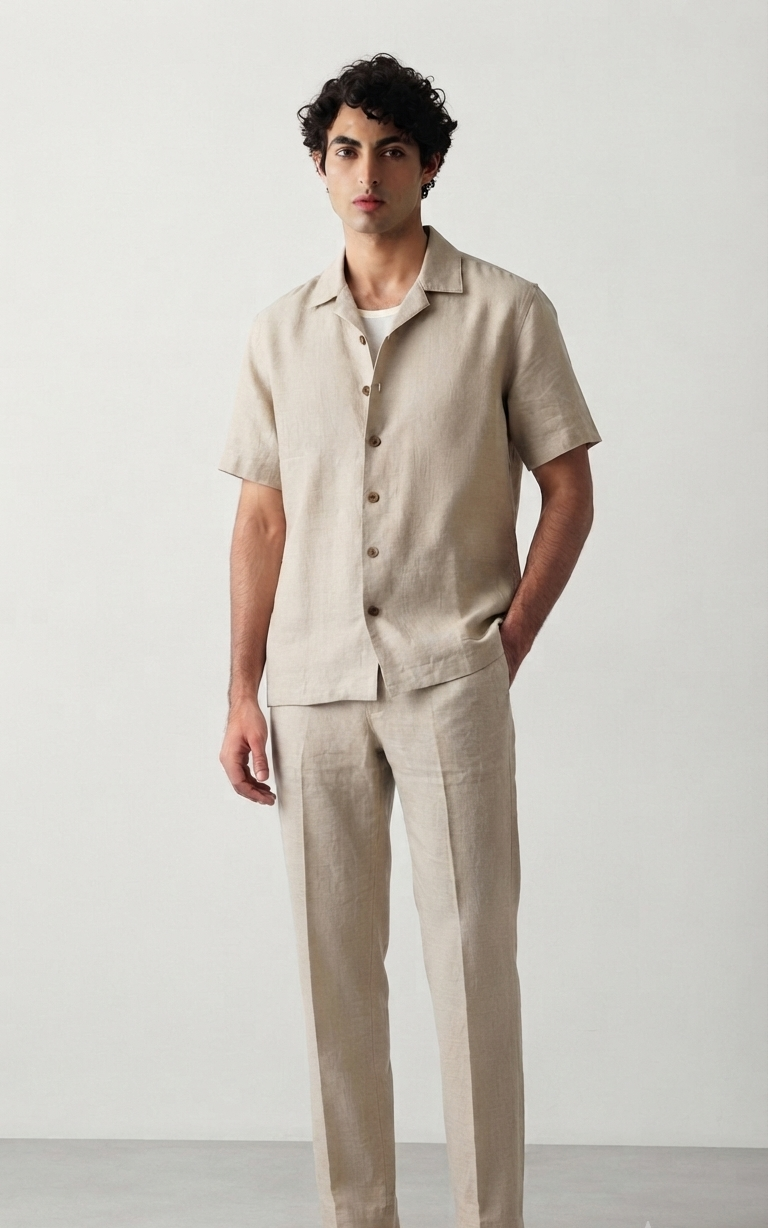 Relaxed Fit Linen Set - Beige