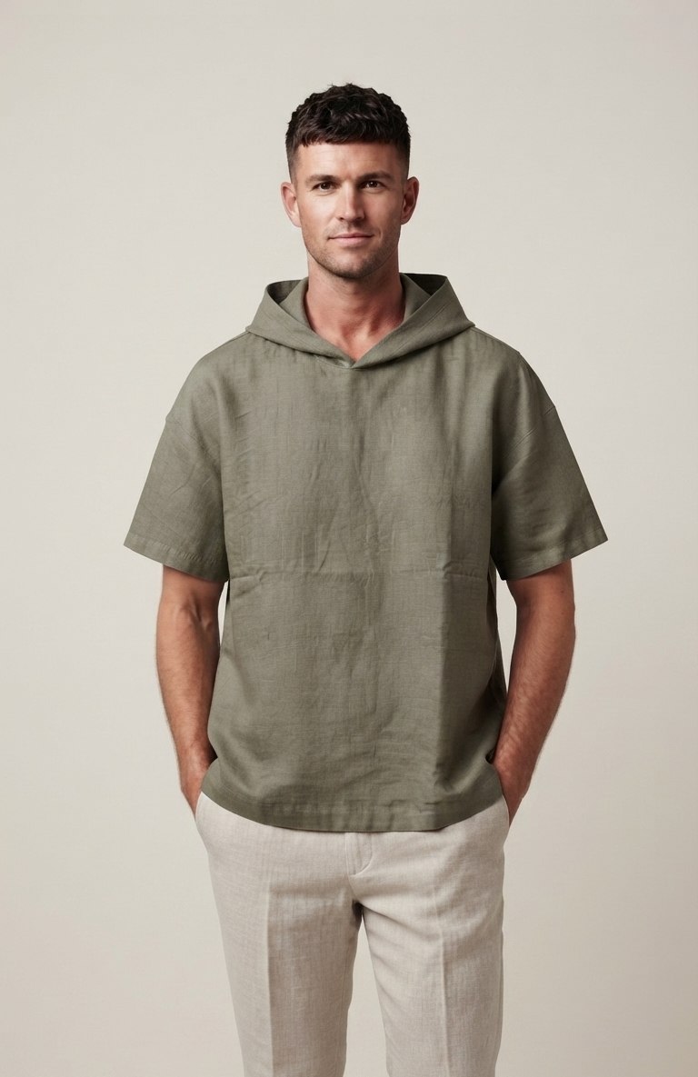 Robinson Relaxed Fit Linen Hooded T-Shirt-Olive
