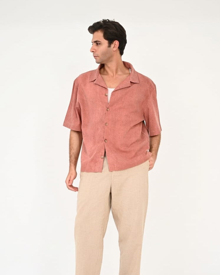 Linen Relaxed Fit Shirt in Washed Dusty Terracotta.