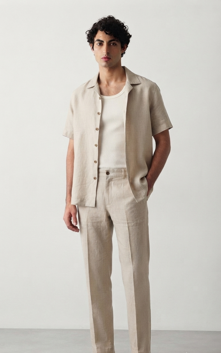Relaxed Fit Linen Set - Beige