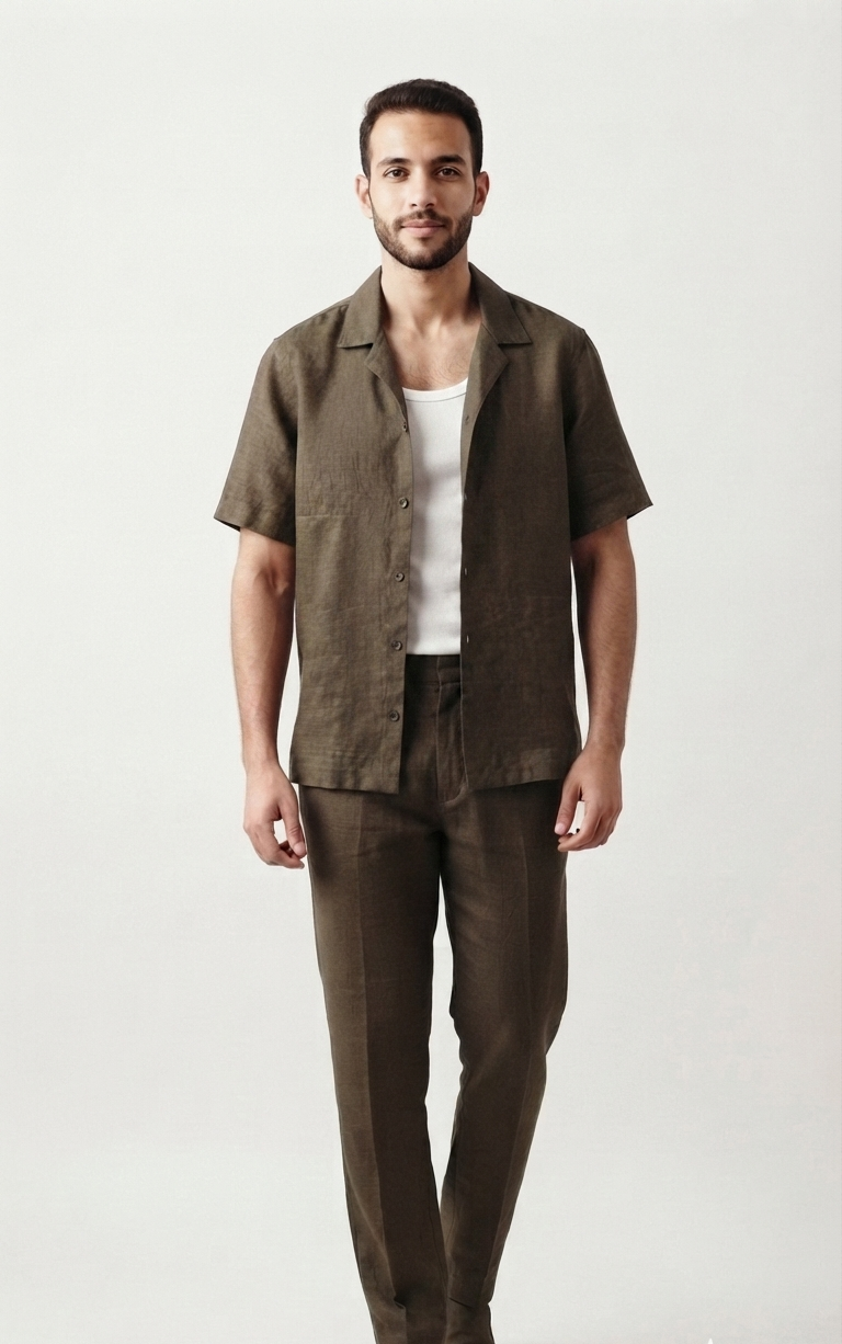 Relaxed Fit Linen Set - Olive Brown