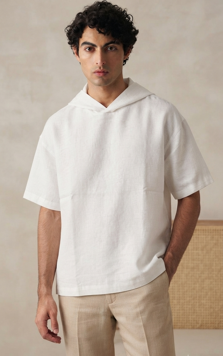 Robinson Relaxed Fit Linen Hooded T-Shirt-White
