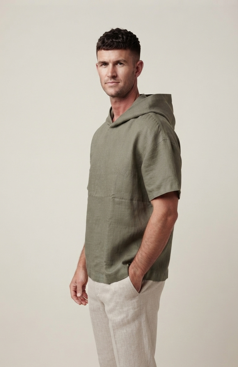 Robinson Relaxed Fit Linen Hooded T-Shirt-Olive